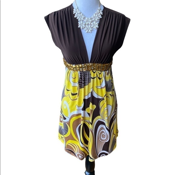 Forever Vintage Y2K Dress Brown and Yellow Print With Gold Gems Size Small - Picture 1 of 7